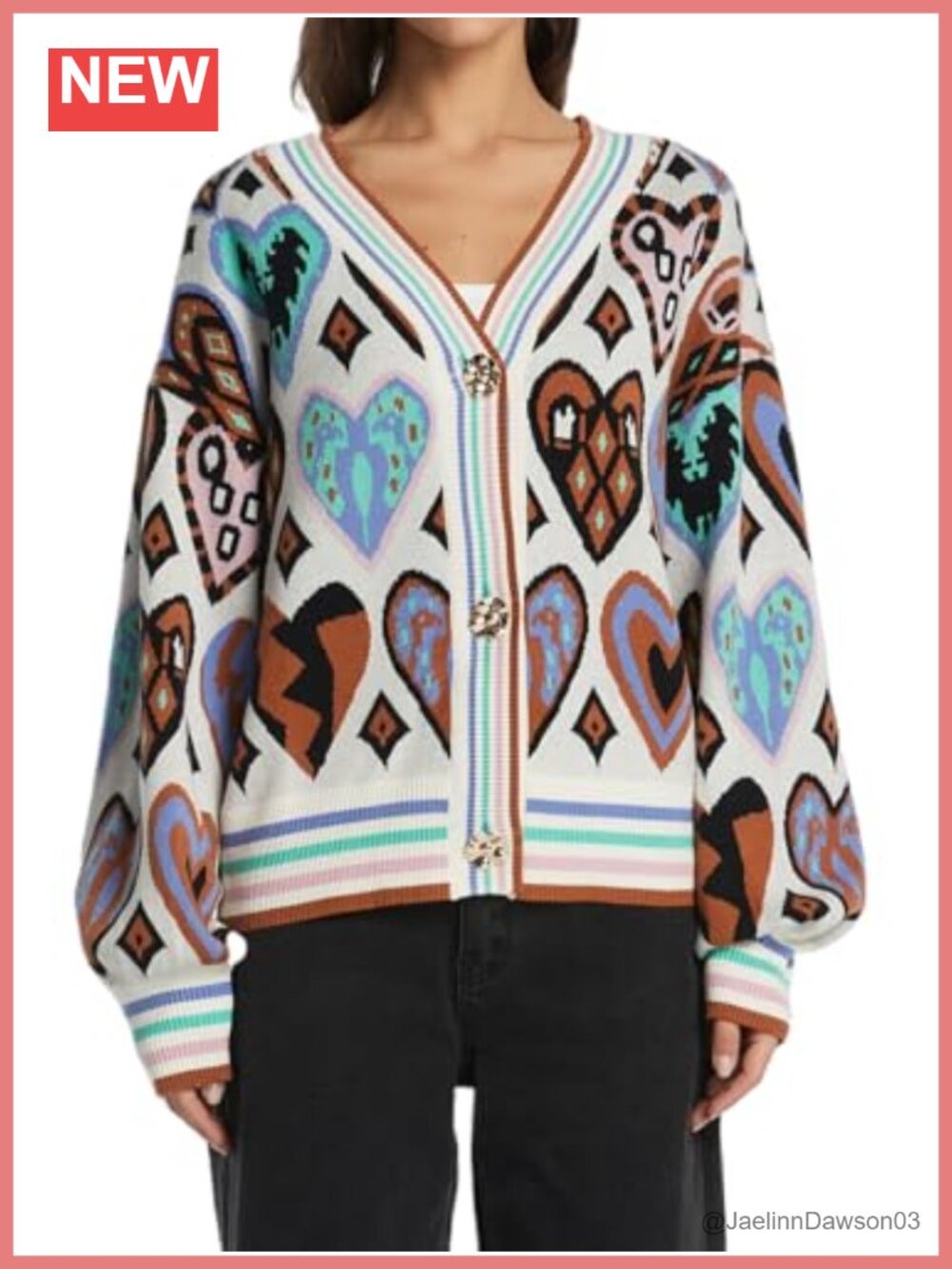 Women's Heart Print Cropped Button Front Knit Cardigan V Neck Y2K